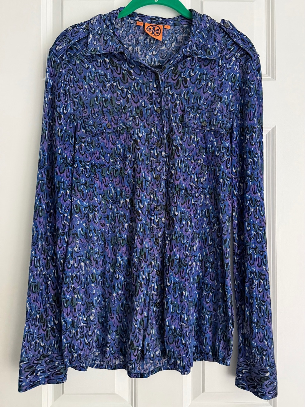Tory Burch Purple and Blue Printed Long-Sleeve Button-Down Shirt Size Large